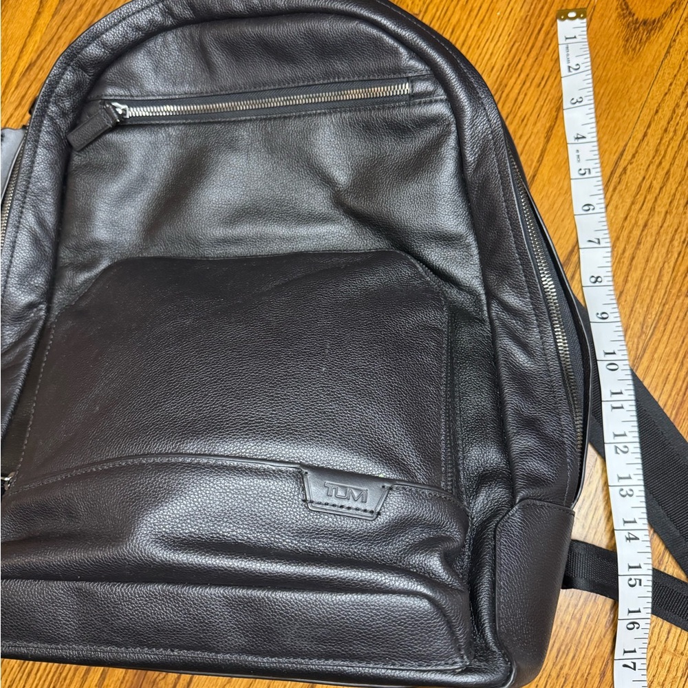 Tumi Black Leather Travel Backpack with Front Zip Pocket